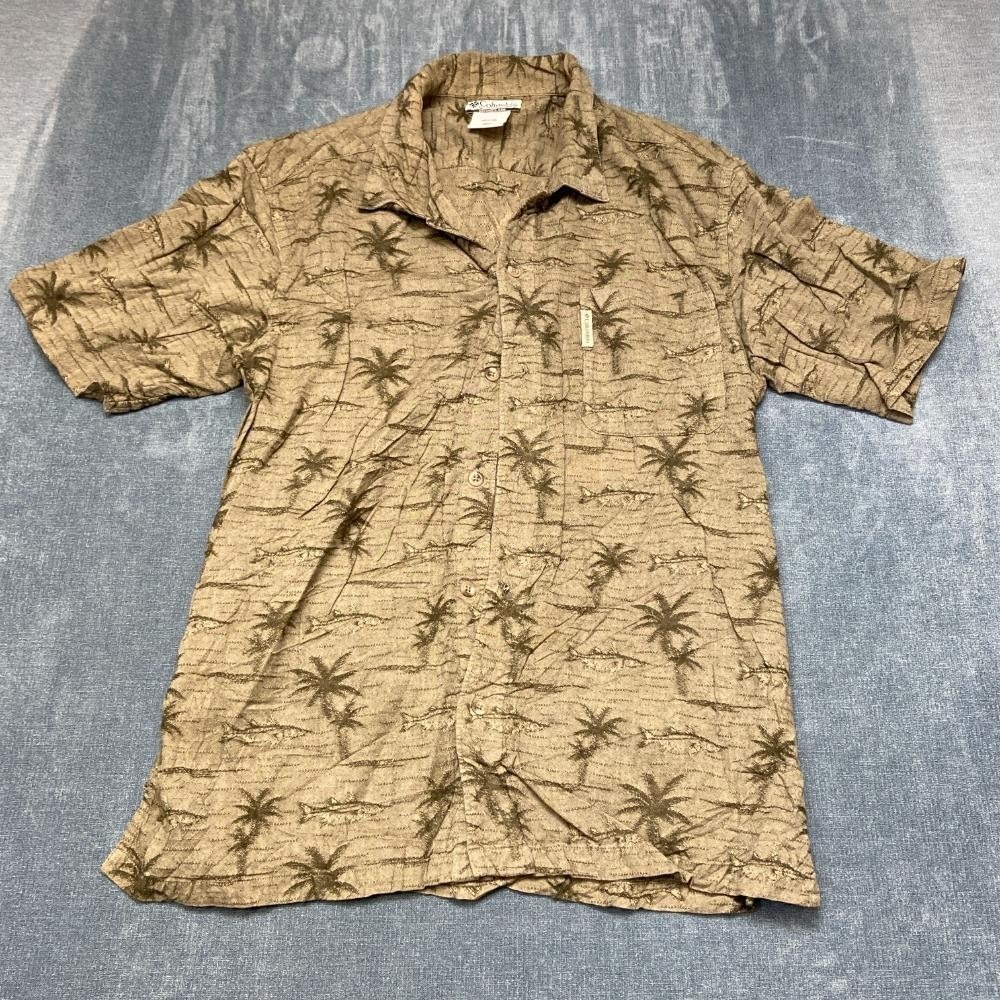Columbia Hawaiian Shirt Mens Large Brown Cotton Palm Tree Print Logo Button Up